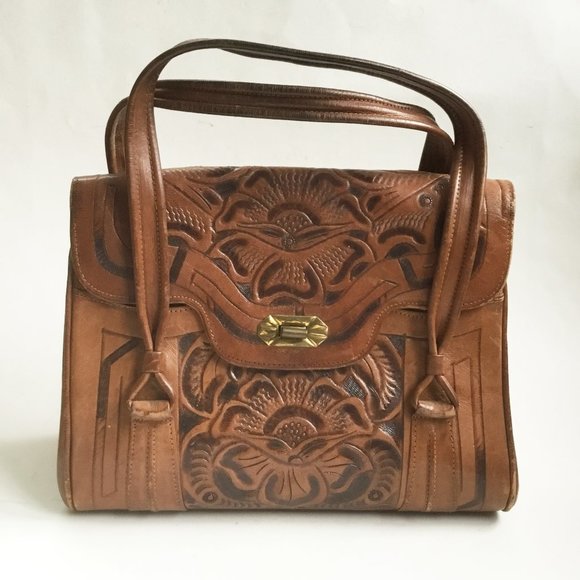 Vintage Avelar's Hand Tooled Floral Leather Handbag Bag Purse - Picture 1 of 13